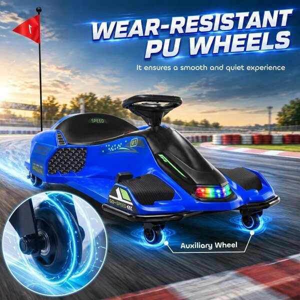 12V Kids Electric Go Kart, Ride on Drift Car with 2 Speeds, Soft Start, Music, Colourful LED Lights for Ages 8-12, Blue