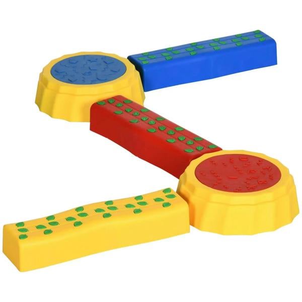 Kids stepping stones and balance bridge set with yellow, blue, and red textured pieces