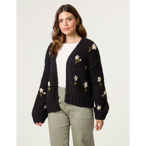 Blue Vanilla Flower Embroidery Detailed Cardigan - Black
