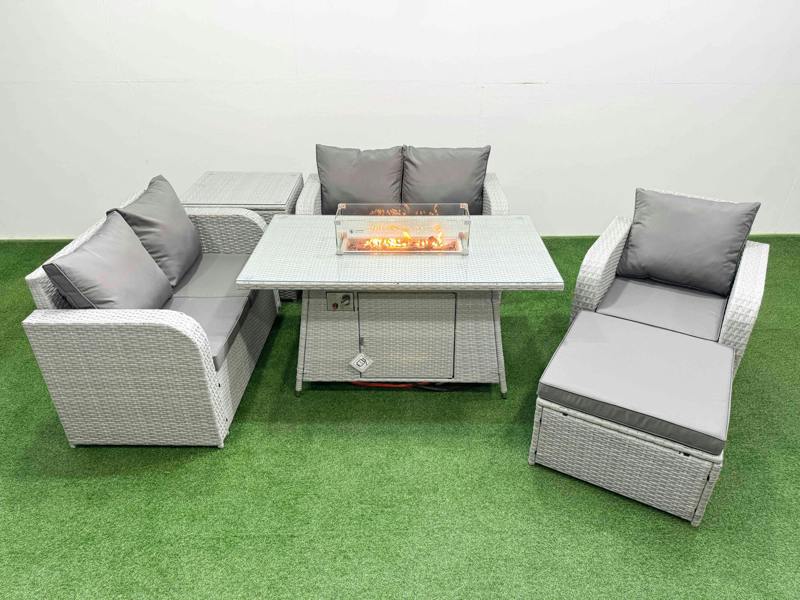 Fimous High Back Poly Rattan Garden Furniture Set, Reclining Chair, Loveseat, Firepit Table, Indoor Outdoor, Big Stool, Side Table, Light Grey