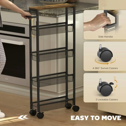 Wyld Haus Raelno Metal Black 5 Tier Slim Storage Trolley With Wood Effect Top And Handle