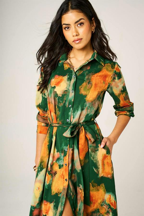 FS Collection Abstract Floral Long Sleeve Belted Shirt Dress In Green