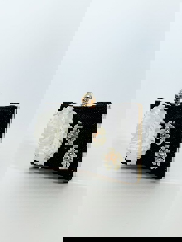 SVNX Square clutch Bag with 3D florals and Rhinestone handle in Black