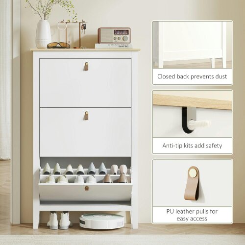 Wyld Haus Makeve Wooden White and Natural Modern 3 Drawer Shoe Cabinet Faux Leather Handles