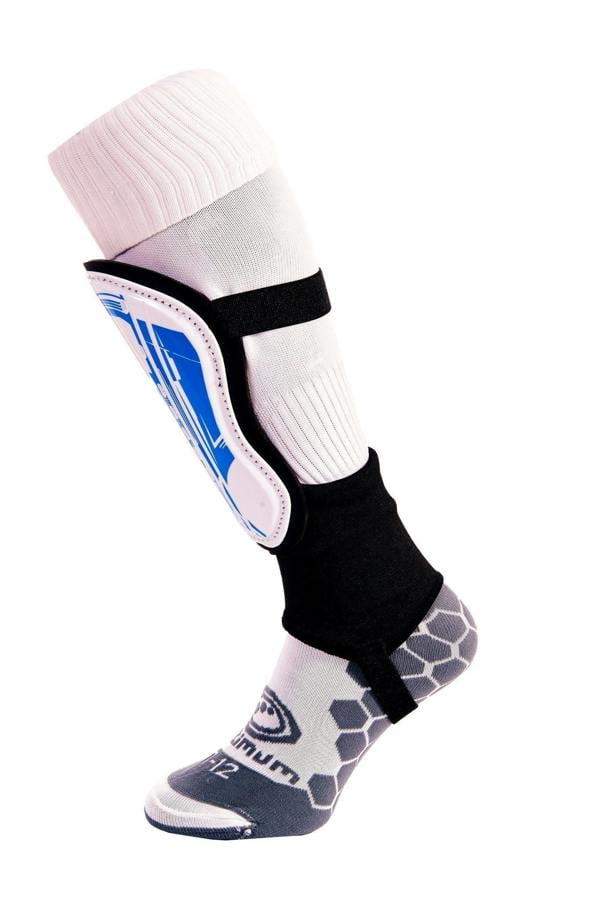 White and blue Optimum Velocidade shin guard with black ankle strap over white sock, side view on white - Optimum