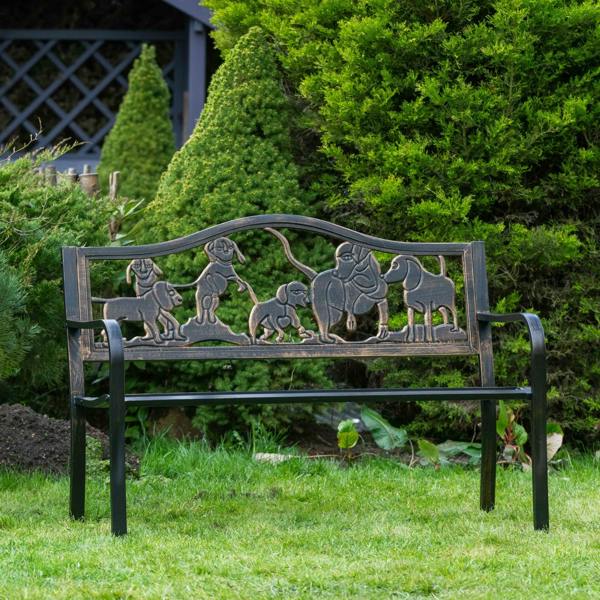 The Garden Marketplace Metal Garden Bench with Cast Iron Puppies Design Back Rest