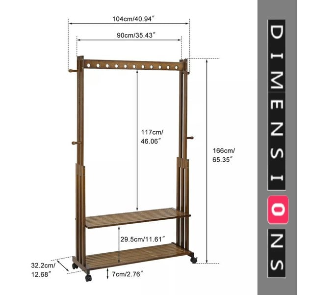 Modcraft Rustic Bamboo Clothes Rail Rack with Rolling Wheels, Two-Tier Shoe Shelves, Adjustable Top Shelf