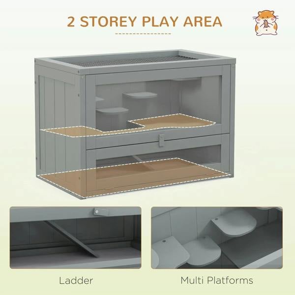 Grey two-level play area hamster cage hutch with open door and internal platforms
