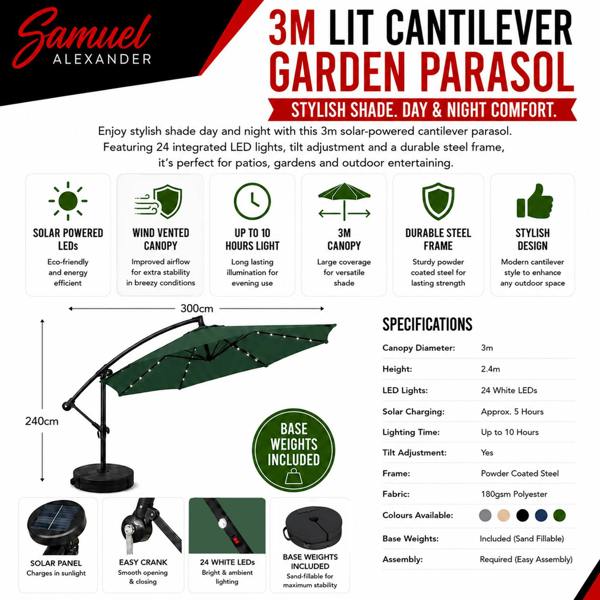 Samuel Alexander 3m Solar Powered Cantilever Lit Banana Garden Parasol with Crank Handle & White LED Lights in Green with Base Bag Included