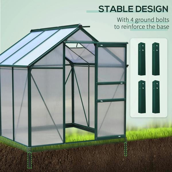 Dark green polycarbonate greenhouse with corner bracing and ground bolt reinforcement