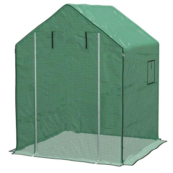 Green PE walk-in greenhouse cover with roll-up door and mesh windows