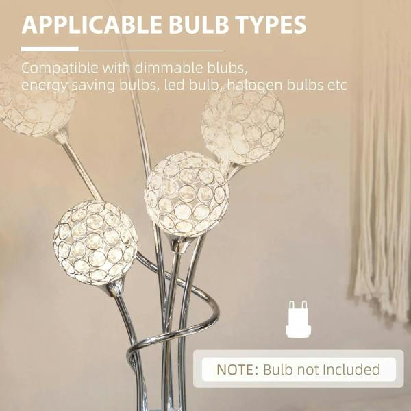 Silver standing crystal floor lamp with five crystal ball shades and bulb socket