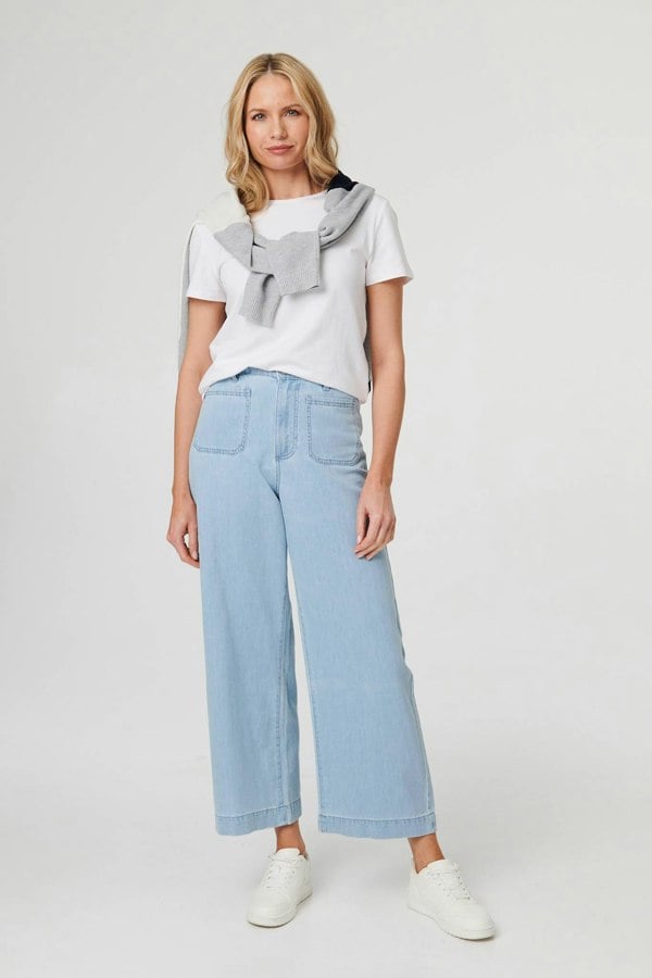 Blue | High Waist Pocket Detail Wide Jeans
