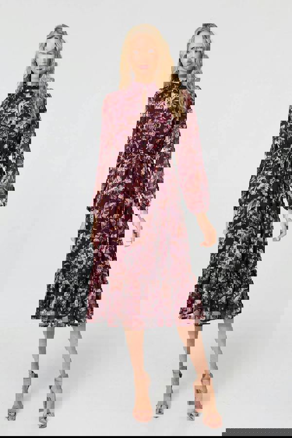 Burgundy | Floral Semi Sheer Mesh Layer Midi Dress