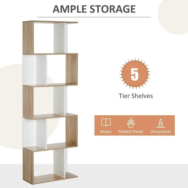 S-shaped bookshelf showing five open tier shelves in oak and white