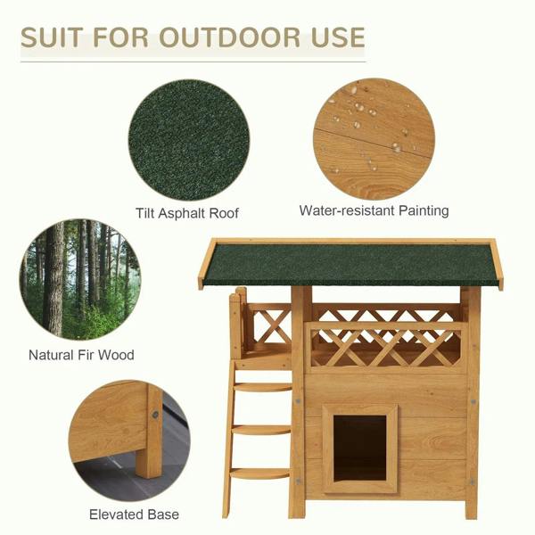 Outdoor cat house with green felt roof and natural wood finish, balcony and ladder stairs