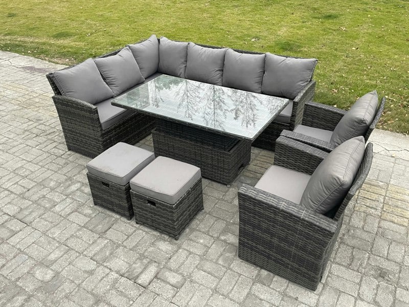 Fimous Dark Grey Mixed PE Rattan Outdoor Dining Set - Height Adjustable Lifting Table, 2 Small Footstools & 2 Armchairs