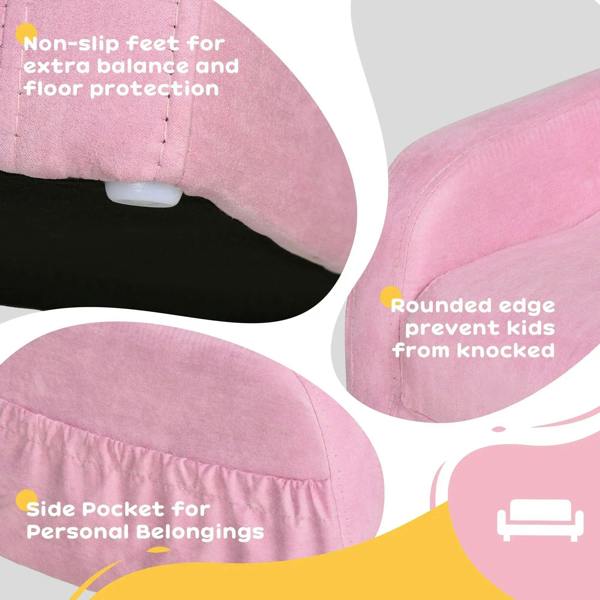 Pink sofa bed with non-slip feet, side pocket, and rounded protective edges