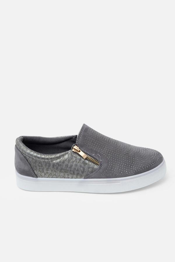 Crystal Suede Zip Pumps Grey Trainers, bringing attention to decorative zip