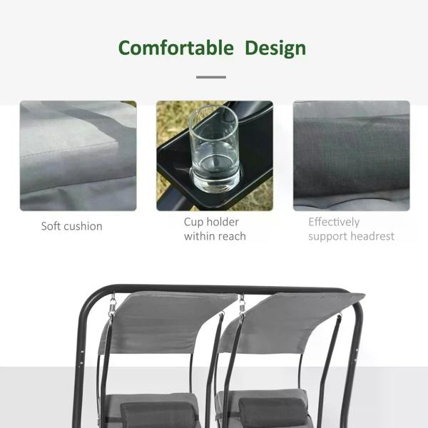 Grey two-seat swing chair with padded cushions and cup-holder handrail