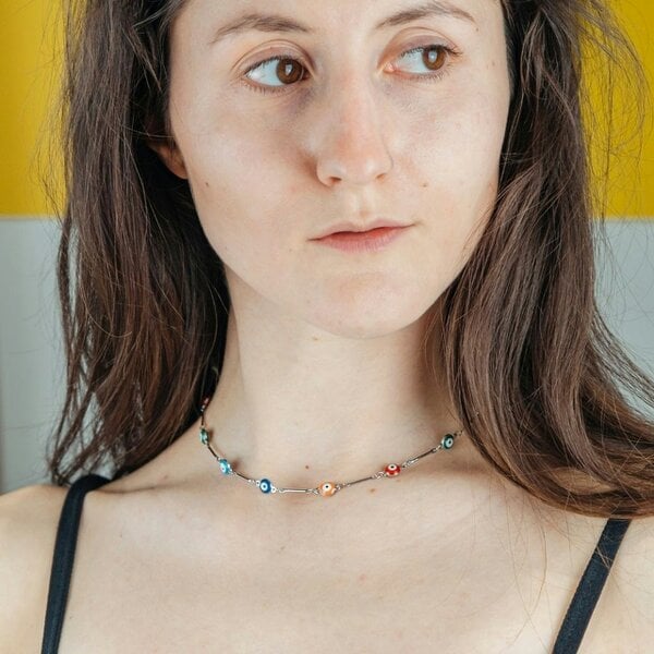 The Colourful Aura Multicolour Gold and Silver Evil Eye Charm Choker Protection Necklace