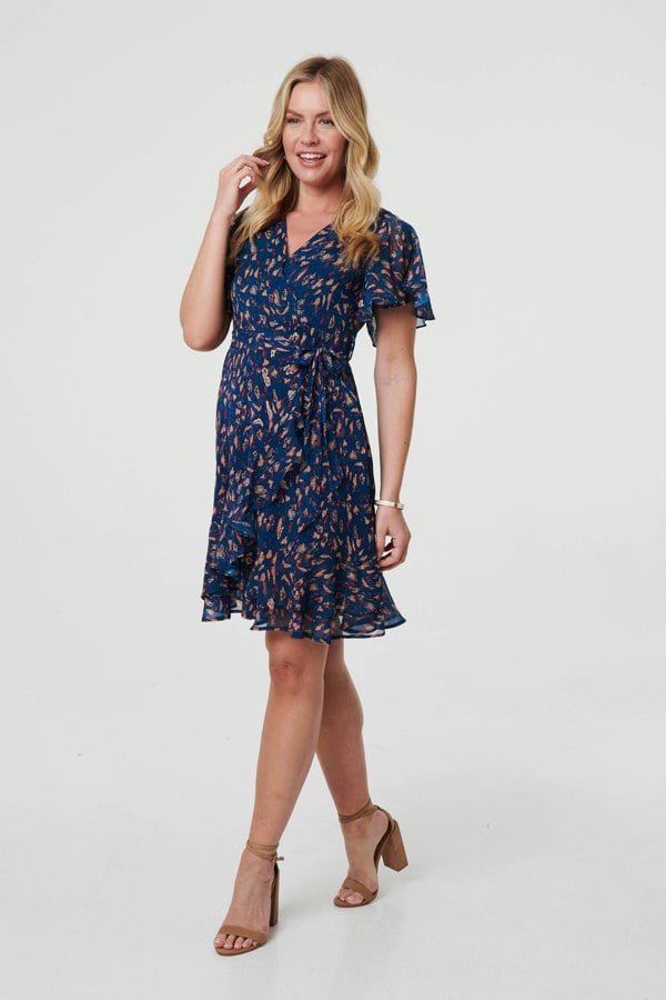 Blue | Printed Asymmetric Short Tie Wrap Dress
