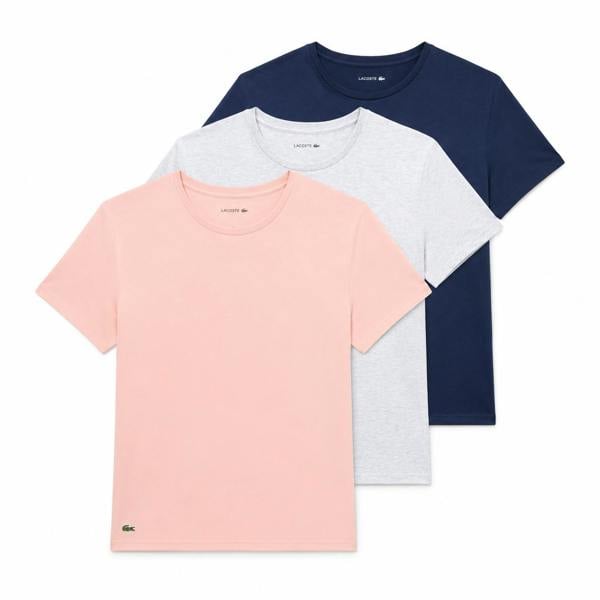 Lacoste 3-pack of cotton lounge t-shirts in pink, heather grey, and navy blue.