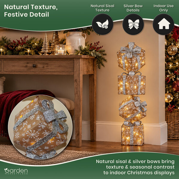 Vertical Light Up Christmas Natural Sisal Parcels with Silver Bows, Set of 4 on Metal Rod with 35 White LED Lights, Battery Powered, 86cm Tall