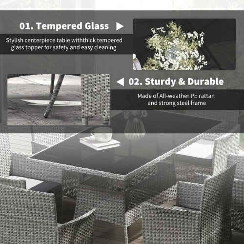 Wyld Haus Lona Rattan Charcoal Grey 6 Seater Outdoor Dining Set With Cushioned Armchairs And Rectangular Glass Table