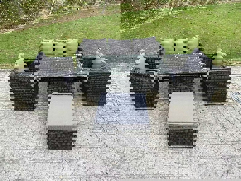 Fimous Rattan Garden Furniture Sofa Set Outdoor Adjustable Rising Lifting Dining Table Set with 2 Armchairs Big Footstool Dark Grey Mixed