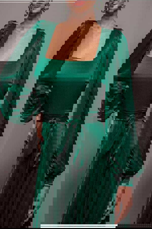 Satin Square Neck Bishop Sleeve A Line Maxi Dress - Emerald Green DR4919BR