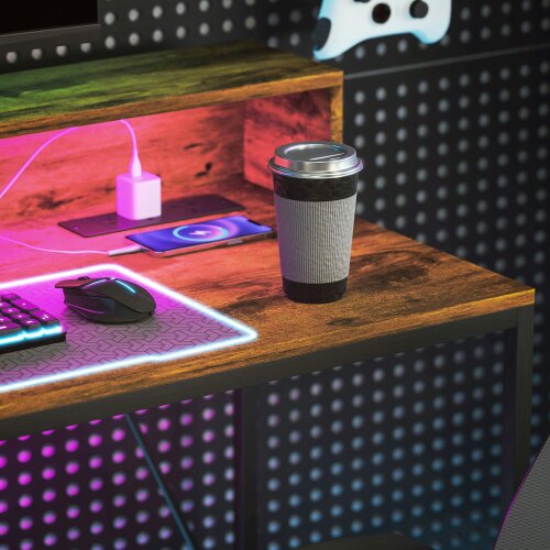 Wyld Haus Hanive 120cm Rustic Brown Gaming Desk With LED Lights Power Outlets And Monitor Stand