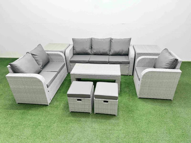 Fimous 8 Seater Rattan Garden Furniture Set, Wicker Patio, Coffee Table, Reclining Chair, Loveseat, 3 Seater Sofa, Stool and 2 Side Tables, Light Grey