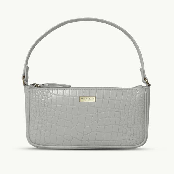 Assots London 'ZARA' Ice Grey Croc Real Leather Baguette Shoulder Bag