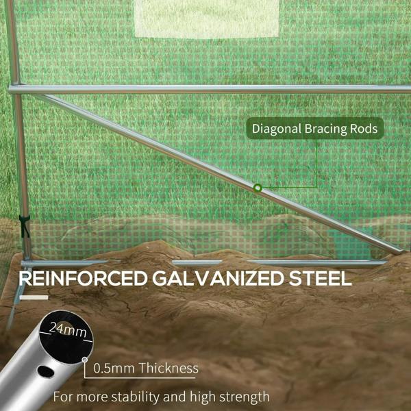 Reinforced galvanized steel diagonal bracing rods on green greenhouse frame