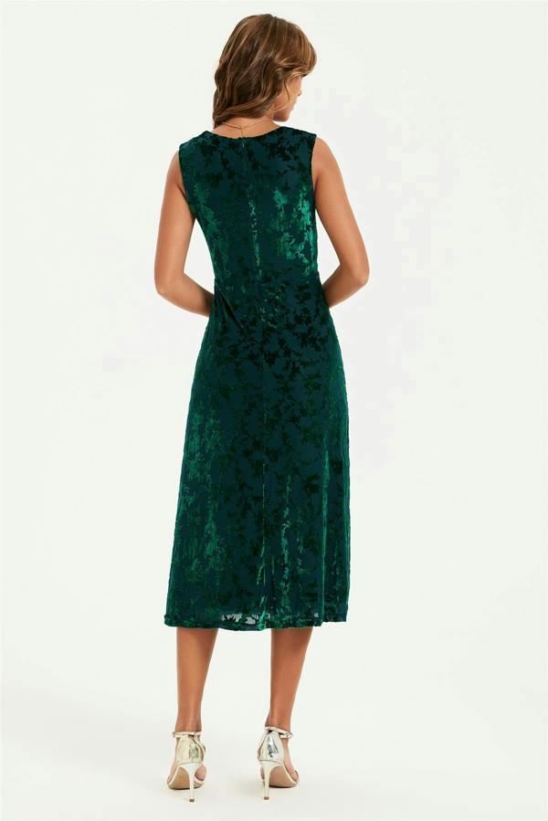 FS Collection Floral Velvet Devore Sweetheart Neck Midi Dress In Green