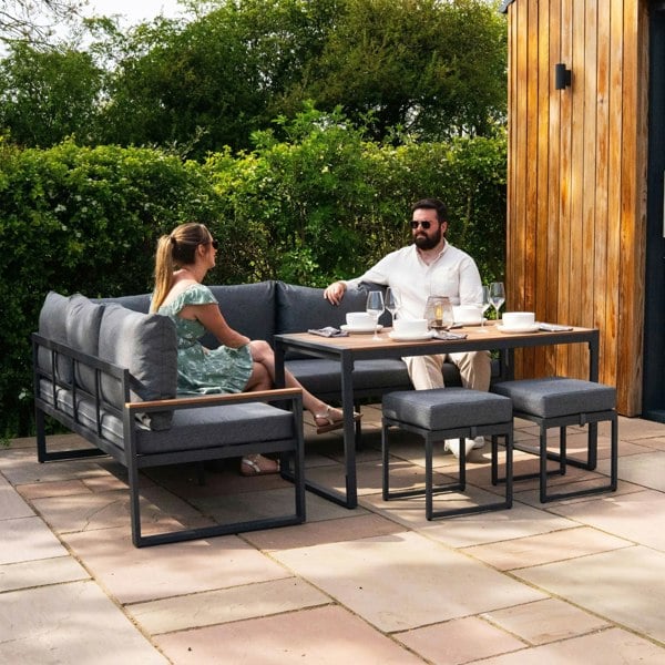 Jardi Aluminium Corner Sofa Set With Black Rattan Storage Box - Wood Effect