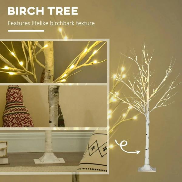 Artificial white birch tree with warm white LED lights and birch-bark textured trunk