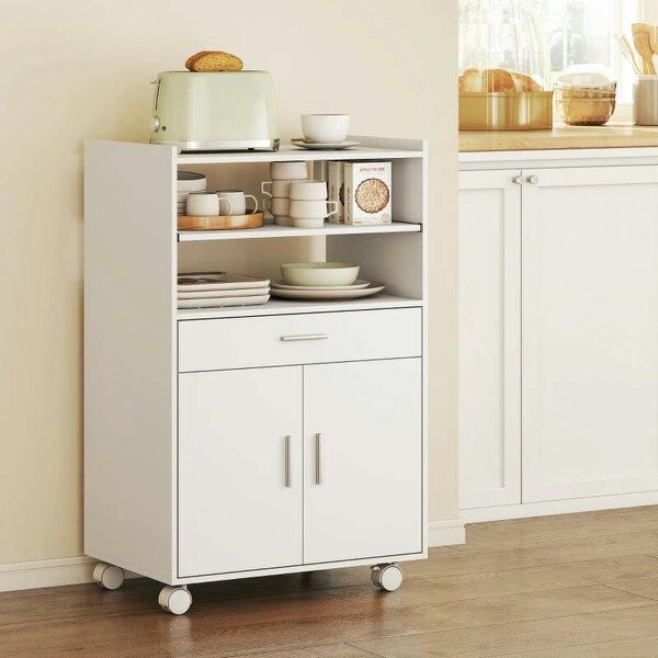 Kitchen Trolley with Wheels, Modern Mobile Microwave Stand with Slide-Out Shelf, Drawer and 2 Doors for Dining Room