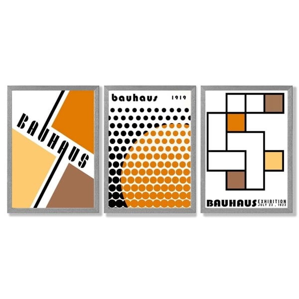 Set of 3 Bauhaus Orange Modern Framed Art Prints with Light Grey Wooden Frames