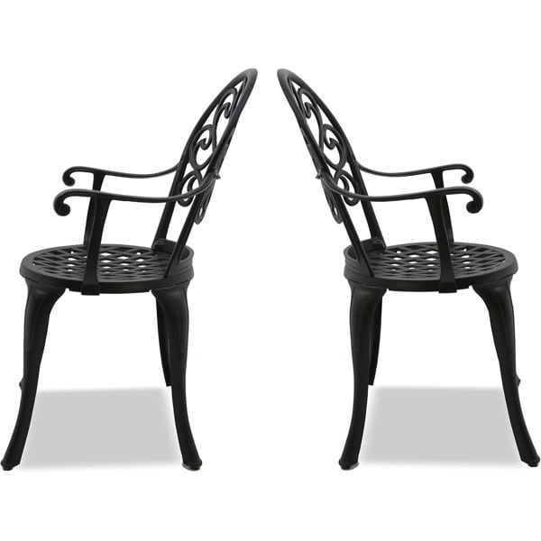 Homeology PREGO 2-Large Garden and Patio Bistro Chairs with Armrests in Cast Aluminium Black