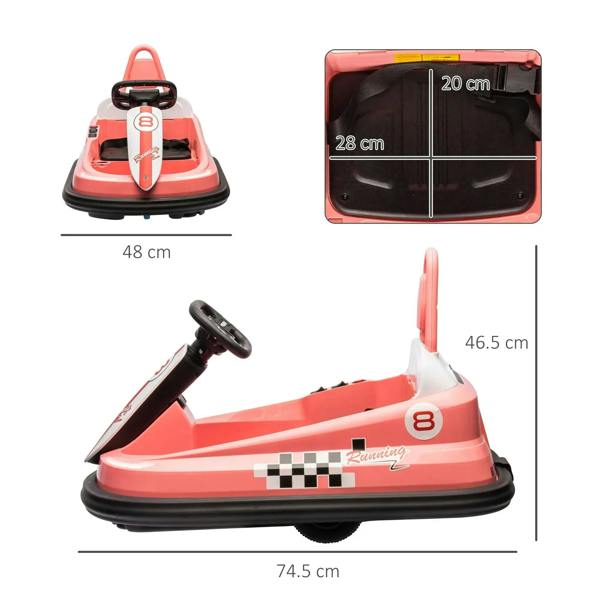 Pink electric bumper car shown with seat panel and multiple angle views with dimensions