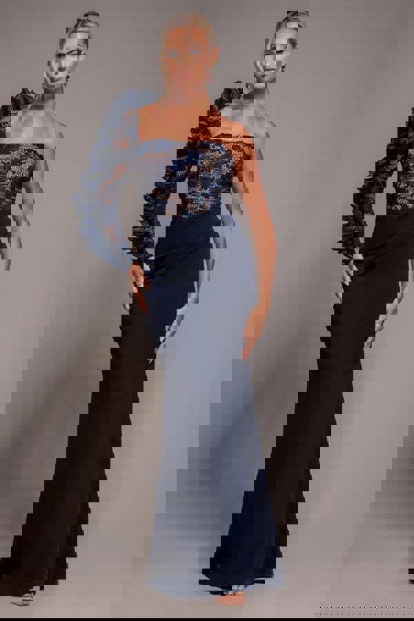 One Shoulder Organza  Fan Detail Lace Bodice Maxi Dress - Navy Blue DR4577