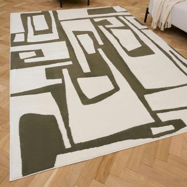 Geometric patterned rug on a wooden floor