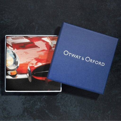 Otway & Orford 'Redlining Rush' sports car silk pocket square in red & grey (42 x 42cm)