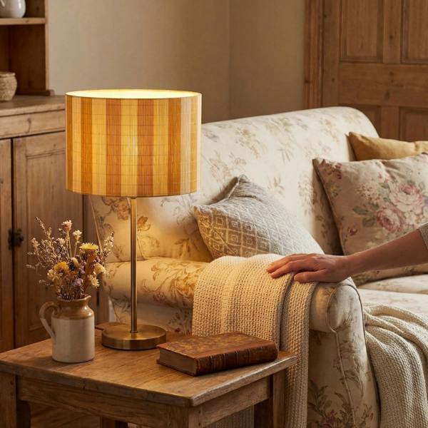 Shabby Chic Natural Brown Bamboo Lamp Shade with Mustard Ochre Stripes Image 6