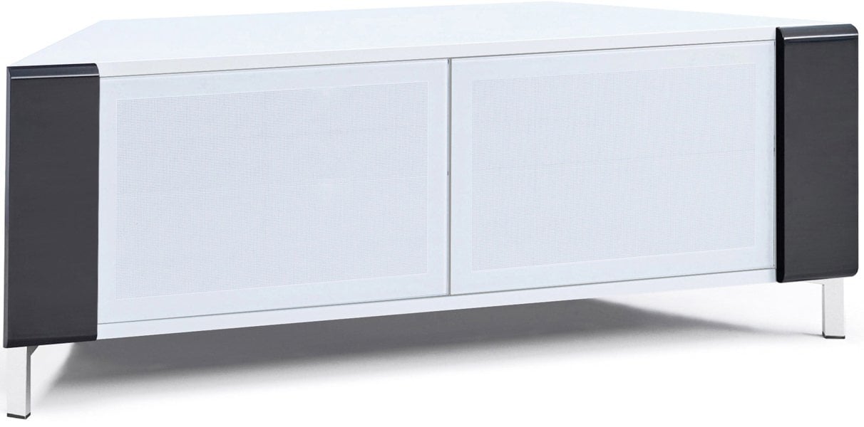 MDA Designs CORVUS Corner-Friendly Gloss White Contemporary Cabinet with Black Profiles White BeamThru Glass Doors for Flat Screen TVs up to 50"
