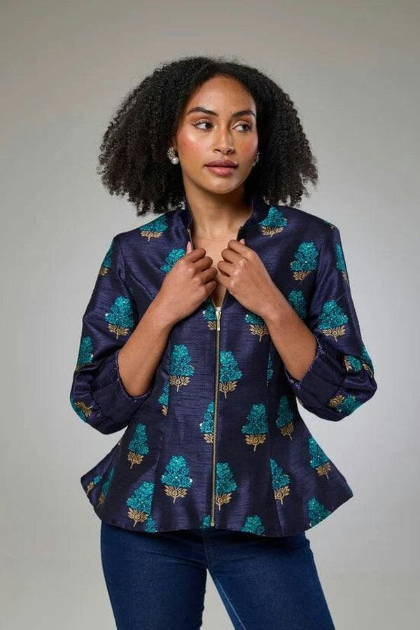 Lioness by TF Aquamarine Embroidered Raw Silk Fitted Jacket Blouse