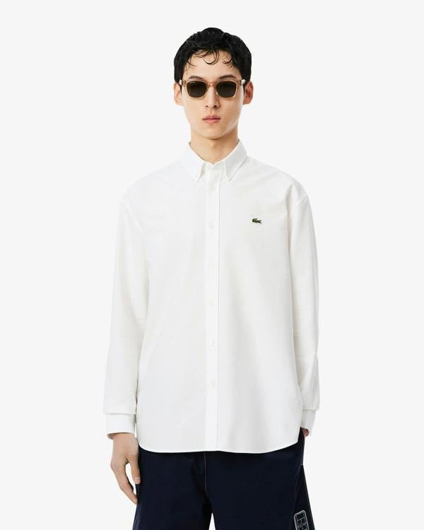 Lacoste Casual Oxford Mens Long Sleeve Shirt - White/White 800 | CHO | Designer Mens Long Sleeve Shirts