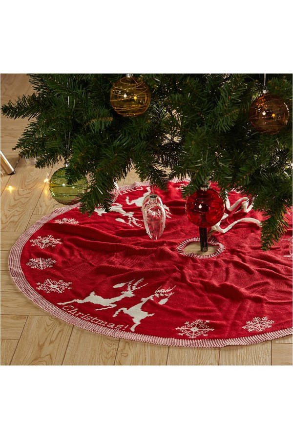 Living and Home D95cm Rustic Knitted Double-Sided Christmas Tree Skirt with Snowflake and Reindeer Decor